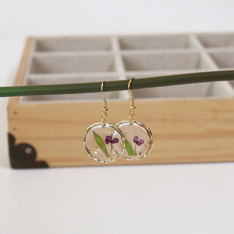 Wholesale new 6pcs/pack resin dried flower irregular round gold earrings creative real flower fashion earrings